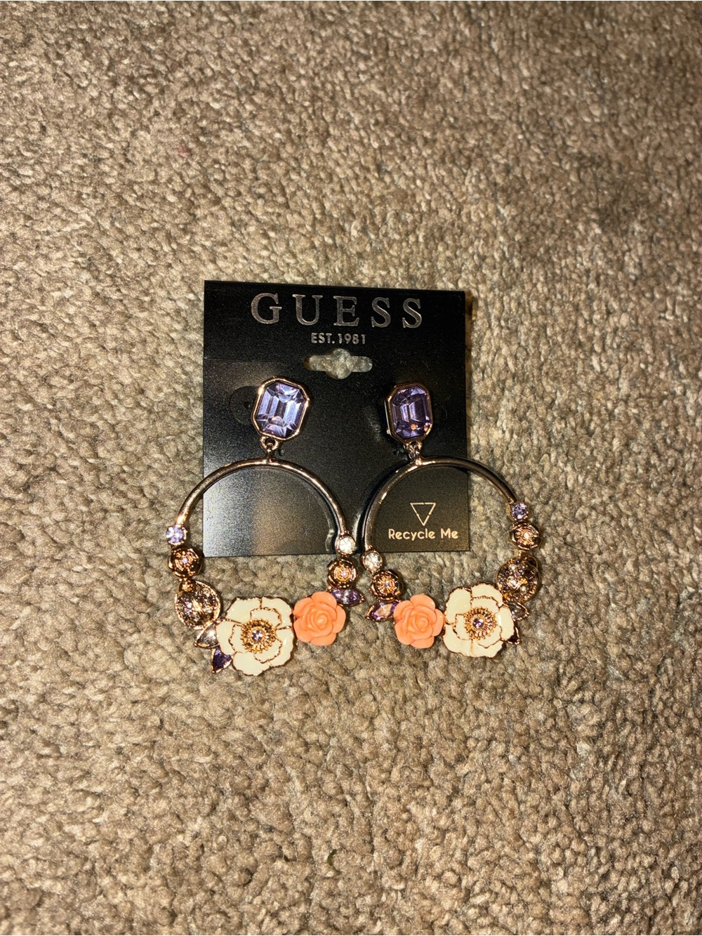 GUESS Gold-Tone Hoop Earrings with Peach & Lavender Floral Accents